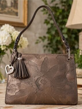 Brighton Bronze Floral Embossed Leather Shoulder Bag Tassel Charm Heart Charm